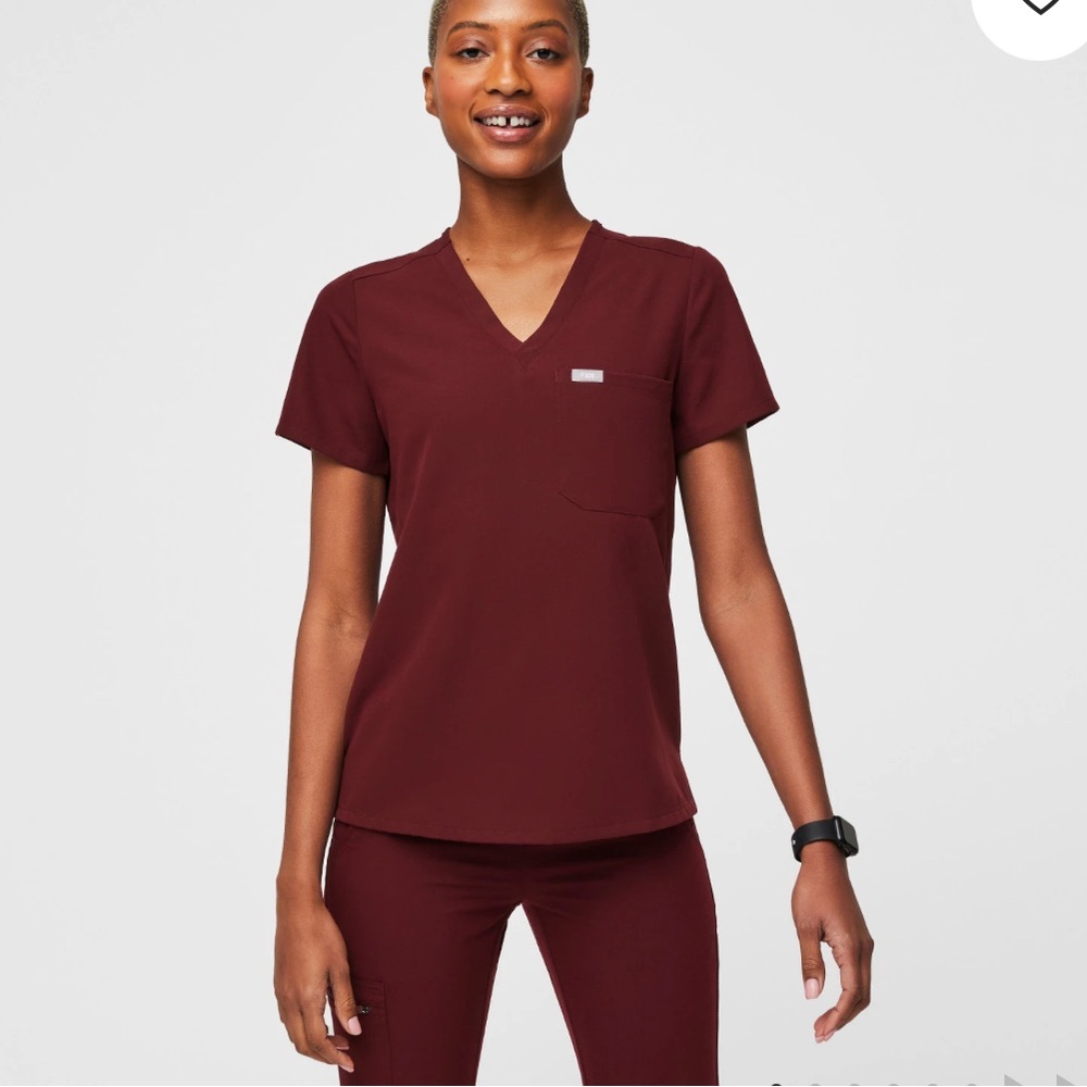 Figs Women's Short Sleeve V-Neck Tee in Deep Burgundy